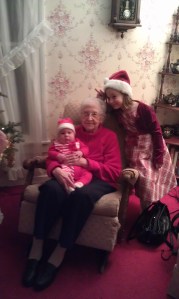 The ultimate in grandmothers, the GREAT grandmother and my daughter throwing in the bunny ears